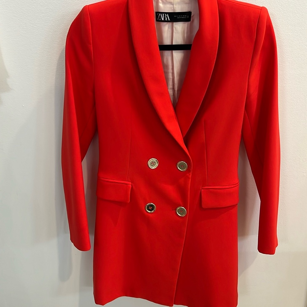 Zara DOUBLE BREASTED LONG BLAZER- Red- Small